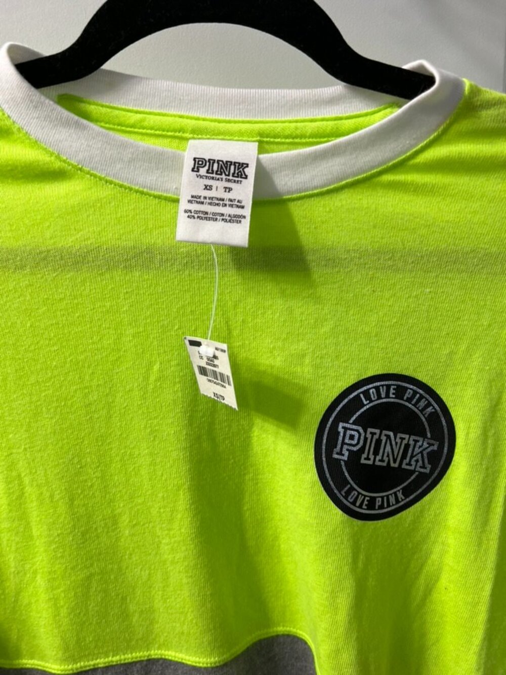 PINK Victoria's Secret Bling Campus Long Sleeve Tee XS Neon Yellow - Picture 3 of 7